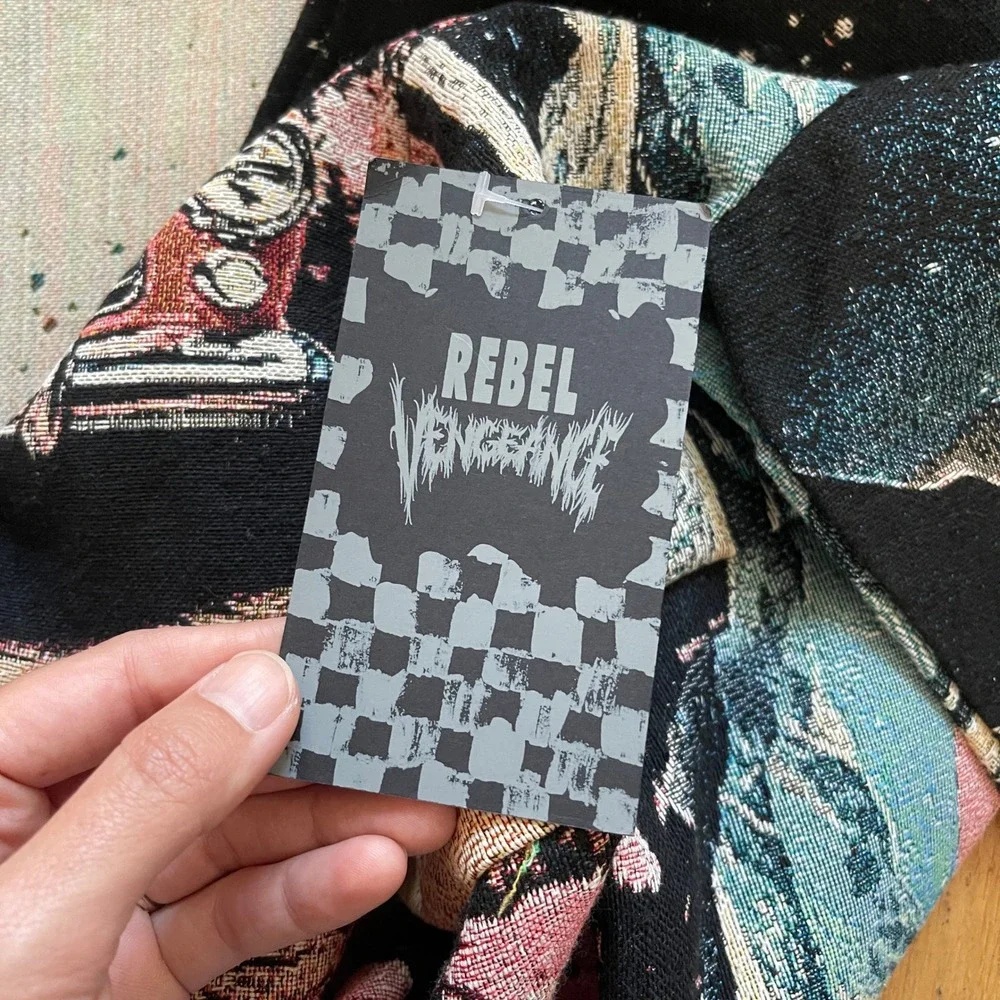 NWT Rebel Vengeance Mens Tapestry‎ Jacket Black Pink Vintage Car Moon Woven Sz M